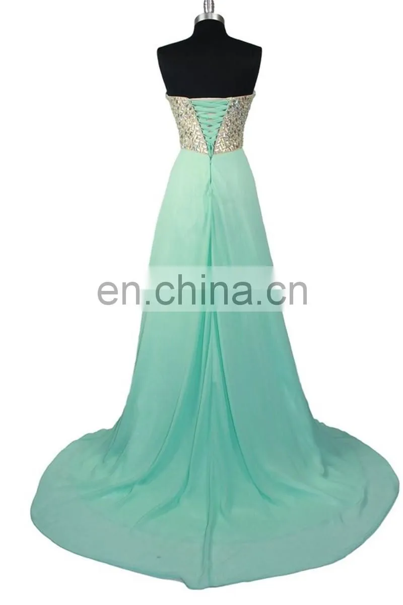 Long Dress for Party Sweetheart Gorgeous Crystals Sequined Evening Wear Dress 2016 High Quality Lace-up Back Chiffon Prom Dress