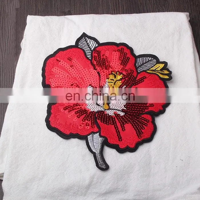 Wholesale Fashion Cheap Embroidery Red Peony Flower with Sequins Iron on Applique Patch