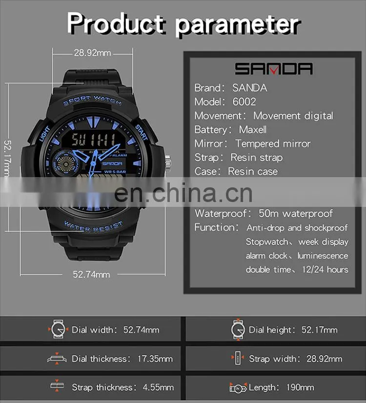Sanda 6002 New Analogue LED Mens Watches Chrono Luminous Water Proof Sport Men Digital Watch