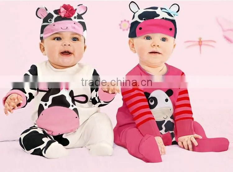2016 New Cute baby cartoon animal cotton jumpsuits breathable toddler kids rompers with cap handsome baby clothing