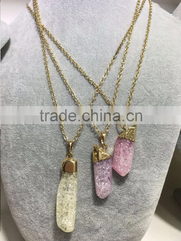 2016 Gold Covering Crack Crystal Pendant Necklace Aquamarine Citrine Rose Quartz Clear Green Natural Crystal Necklace For Women