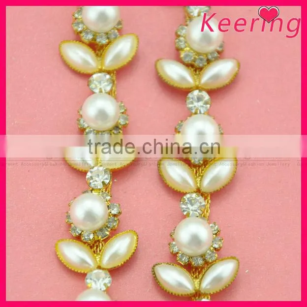 wholesale flower shape decorative rhinestone and pearl bead chain for garment WRC-215