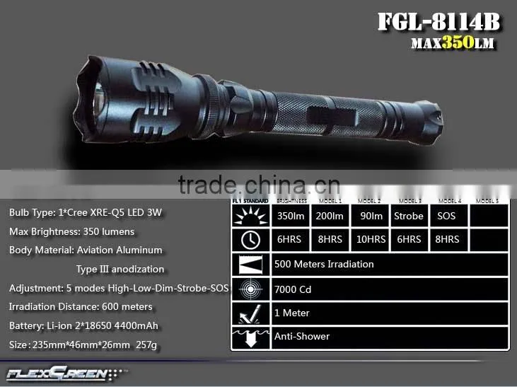 Military long distance 4400mAh 3W Q5 LED 2x18650 rechargeable flashlights