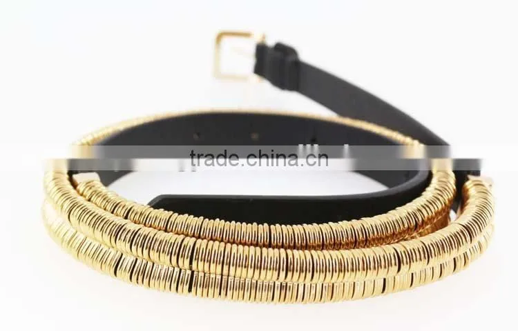 2015 fashion dress PU belt with shiny gold metal accessories in yiwu