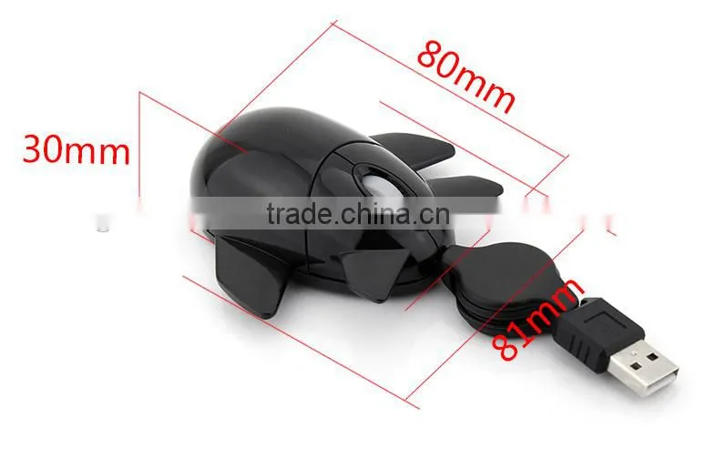 aeroplane shaped wired optical mouse with retractable cable
