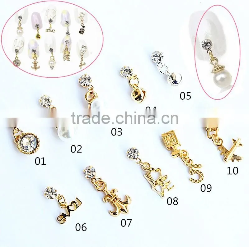 Fashionable shining stone with chain pearl lucky fancy pendant nail sticker