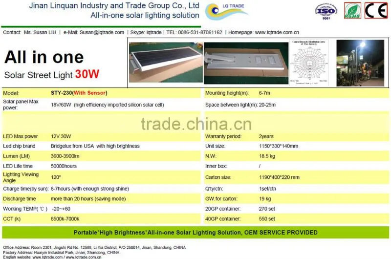 30W All in one integrated Solar streetlighting