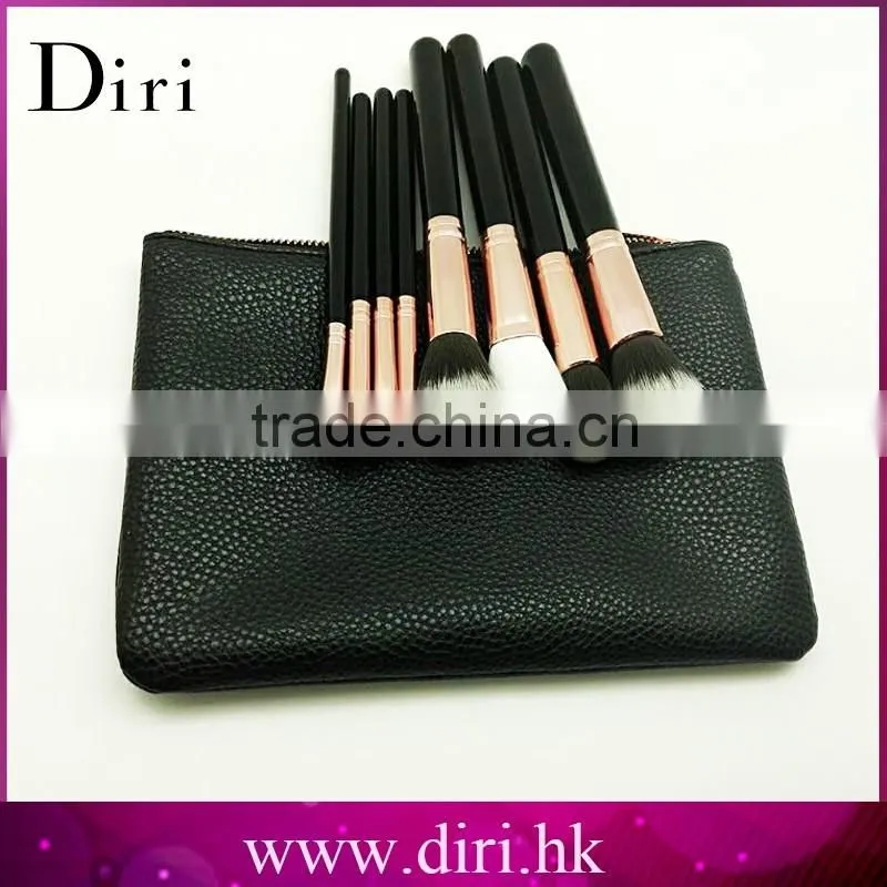 Black leather professional Synthetic Hair makeup brush set 8pcs
