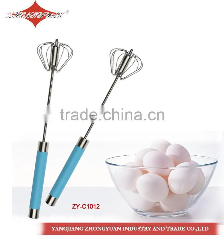 2014 newest Stainless steel rotary self-mixer miracle whisk silicone coated head, hand push,