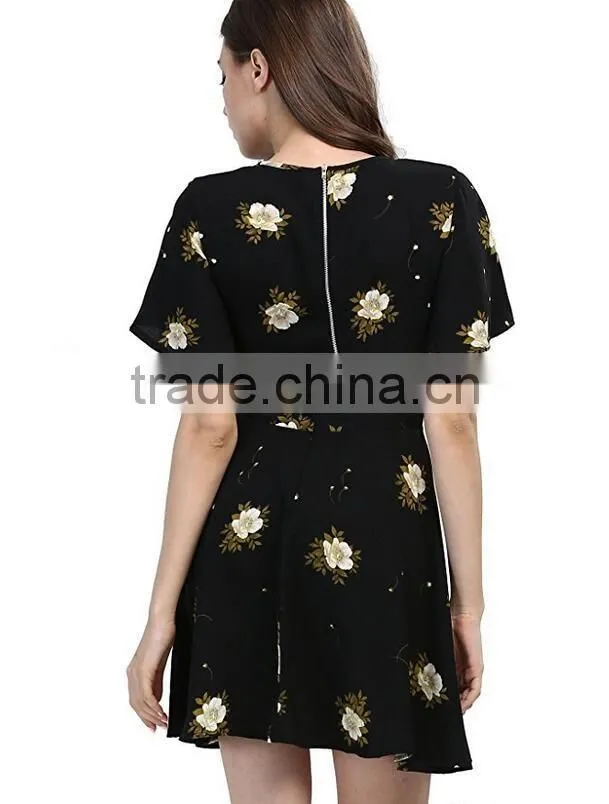 Online Shopping Ladies Fashion Clothing Vintage Chiffon Sexy Women's Flower Printing Black Crop Top Two Piece Dress