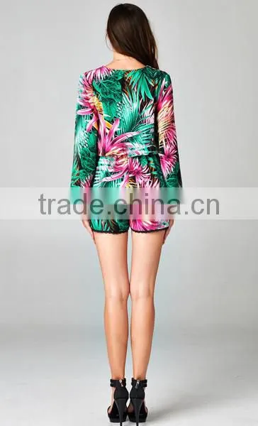 2014 Long loose sleeve print pattern casual wrap ruffle romper jumpsuit for American street women