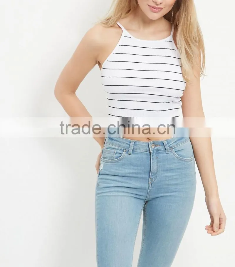 2016 Ladies Sexy White Ribbed Stripe Crop Top HST8040
