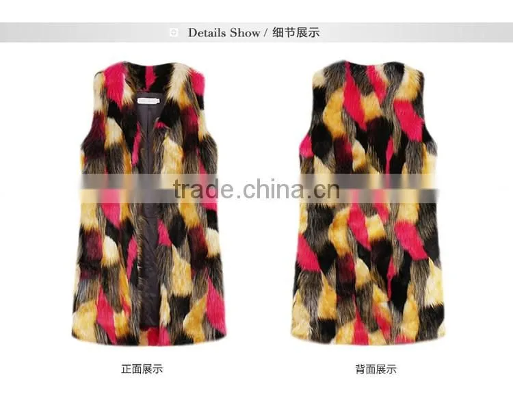 2016 Europe New design colourful warm and soft faux fox fur long coat faux fur overcoat without sleeves