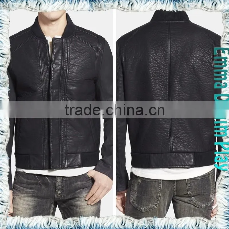 Denim Men Coat Zipper Front PU Leather Long Sleeve Patchwork Jeans Jacket