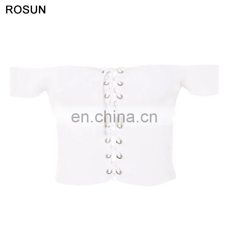 Ladies Lattice Front Knit Bardot Crop Top 2017