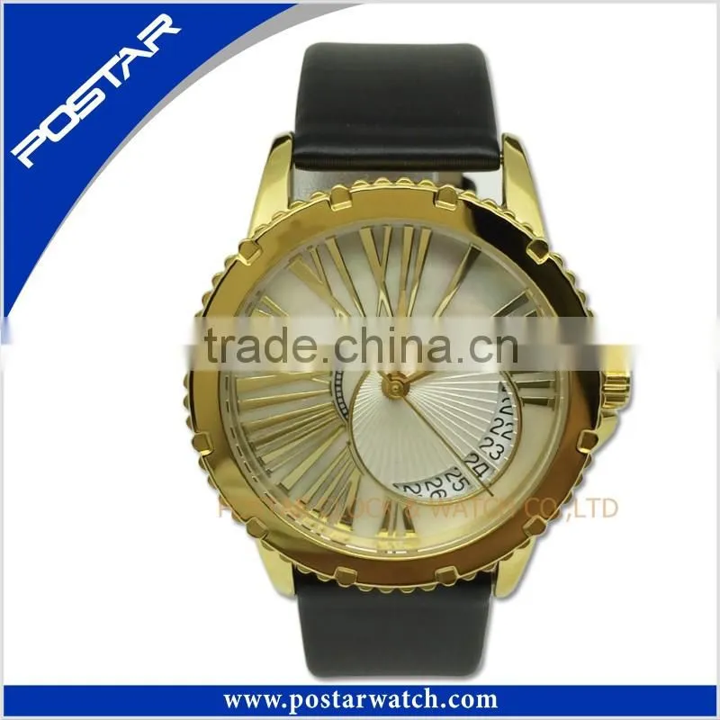 Fashion Watch Round Steel Case Men Women Leather Quartz Analog Wrist Watch
