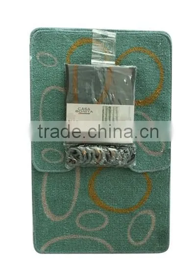 2PCS PP PRINT SOFTTEXTILE BATH MAT WITH POLYESTER PRINTING SHOWER CURTAIN AND FABRIC HOOKS