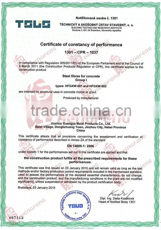 >1200MPa ASTM A820M-11 Type 1 Steel Fibers