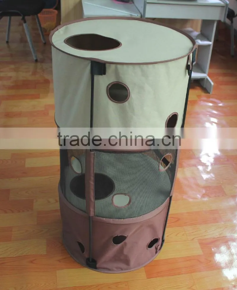 Portable cylindrical three room pet cat house cage