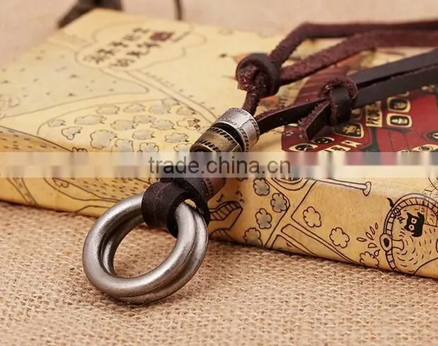 Original Genuine Brown Leather Cord Double Alloy Circle Pendant Punk Jewelry Men Necklace
