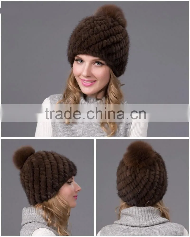 Winter rabbit fur pompom hat brown women mink fur hat knitted mink hat