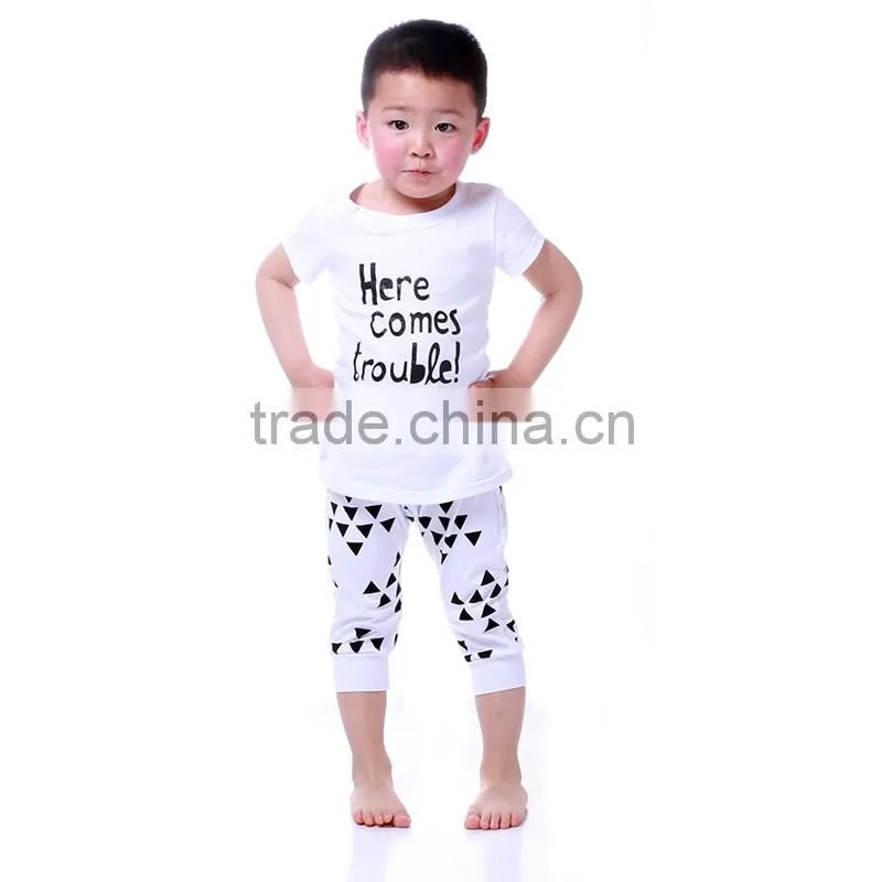 2016 kaiya solid cotton white printed short T-shirt and pant kids boys clothes