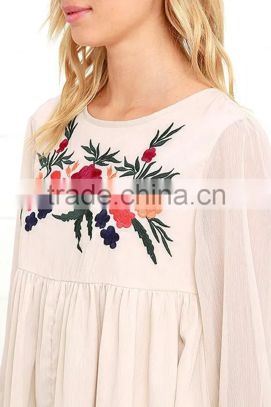 2016 latest dress design 3/4 sleeves chiffon dress with floral embroidery summer dress