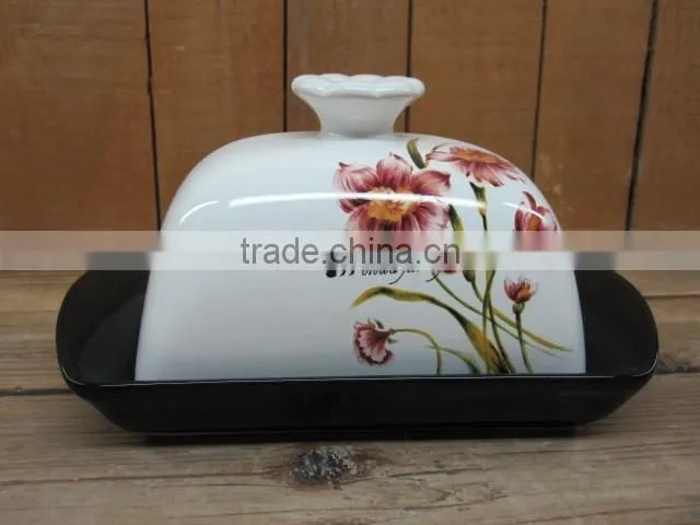 Factory Direct Wholesale Ceramic Butter Dish with Flower Decal Lid