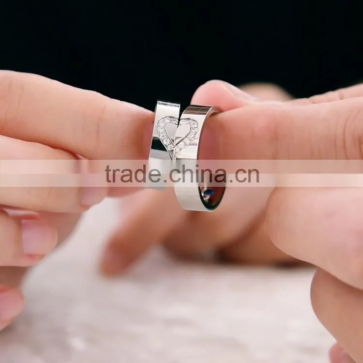 A pair Stainless Steel Couple Rings Ture Love Heart Wedding CZ Band Promise Love
