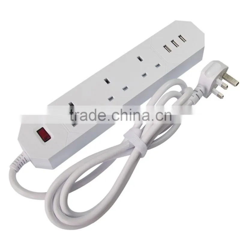 1.8meter White UK 3-Outlet USB Extension Socket with 3USB Charging Ports