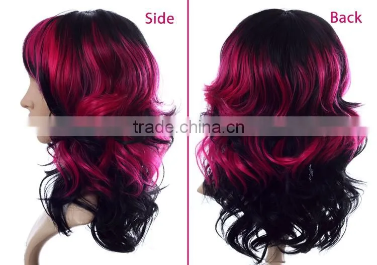 Cheap red sex mixing wig ombre synthetic lace front hair wig with bangs