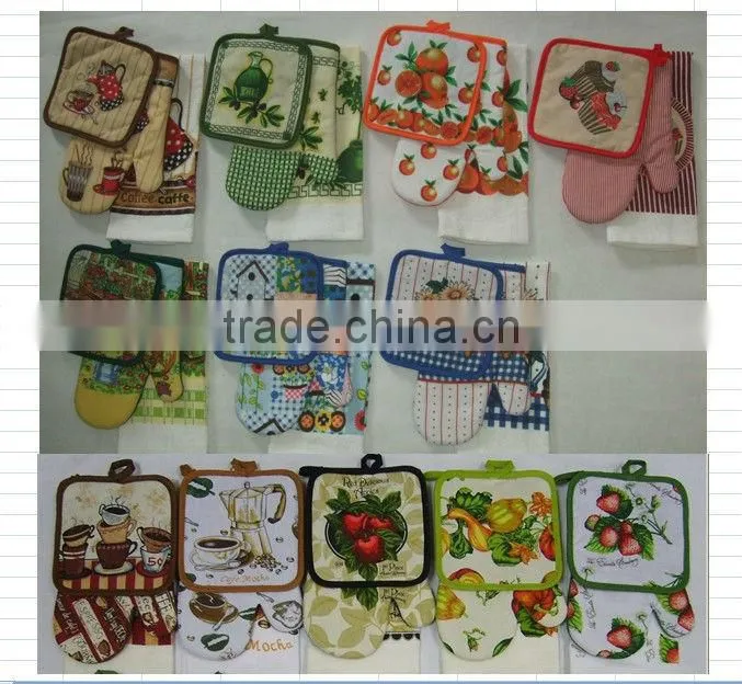 economic cotton fabric towel set cook design kitchen textile set gloves for couples