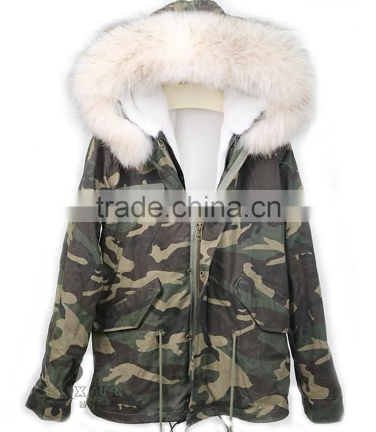 CX-G-P-10A Genuine Faux Fur Coat With Raccoon Fur Collar