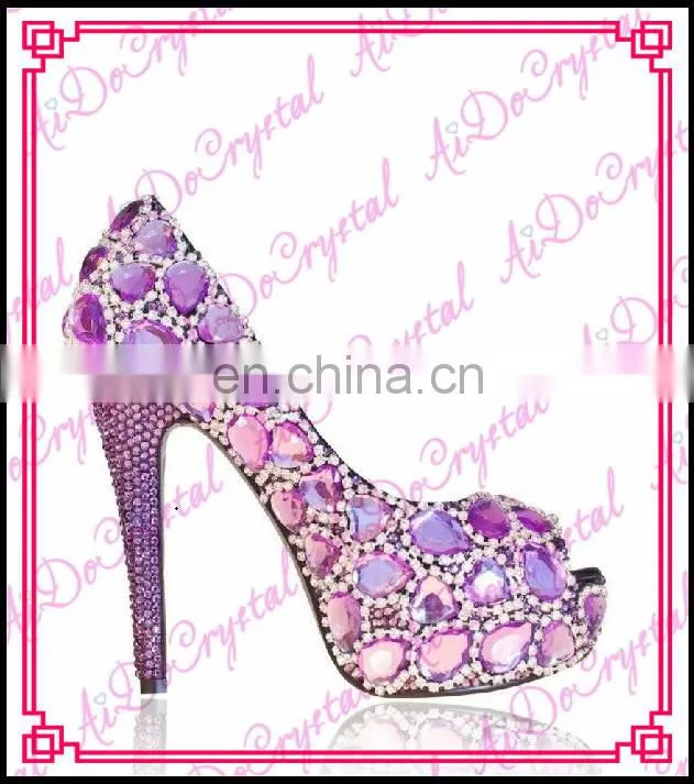 Aidocrystal Luxury big diamond rhinestone deep pink peep toe glitter wedding shose high heel