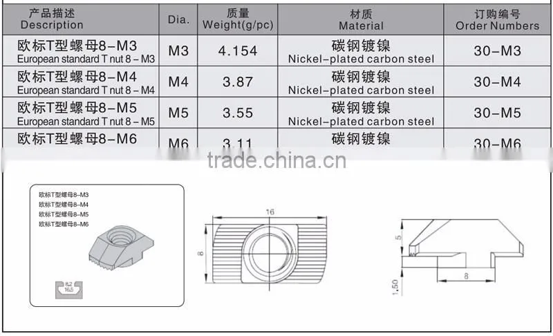 M5 Hammer Nut Aluminum Connector T Fastener Sliding Nut Nickel Plated Carbon Steel for 2020 Aluminum Profile
