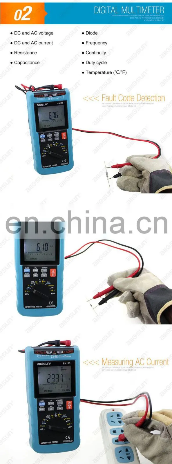 allosun EM135 Car Diagnostic Tool Digital Automotive Multi-meter Car Engine RPM Tester Dwell Angle Car Alternator Tester
