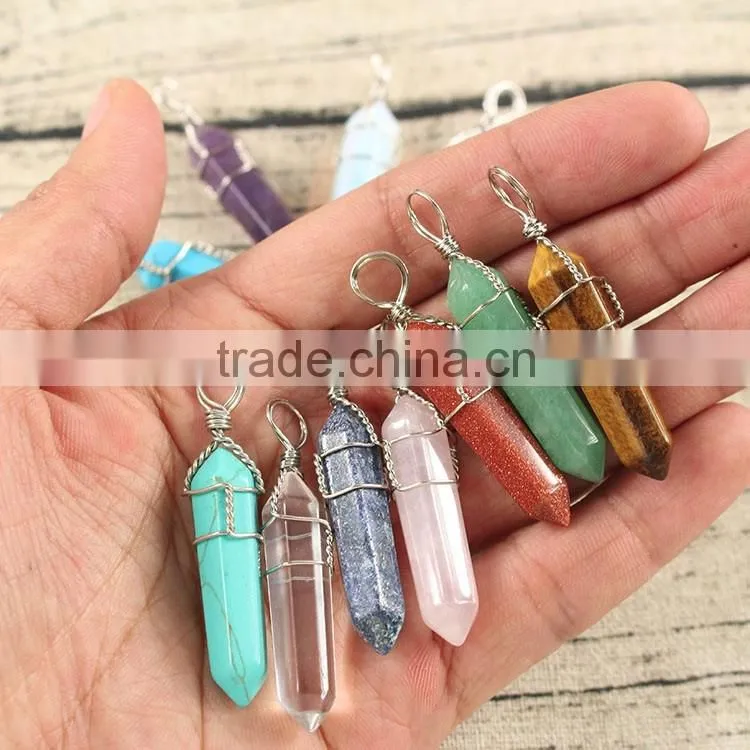 JF6927 Large Wire wrapped gemstone Hexagonal Pointed Pendant