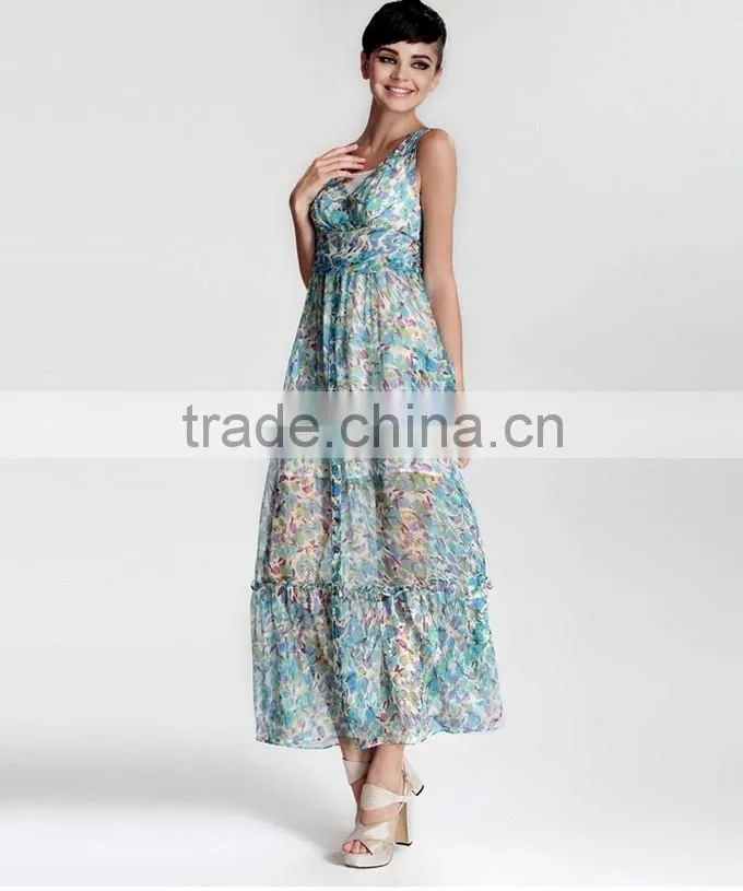 2015 Chiffon Fabric Floral Printed Latest Maxi Dress