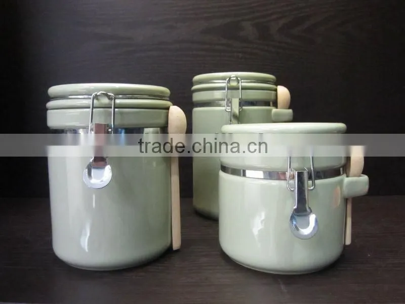 3 pieces green ceramic canister set, glaze ceramic canister