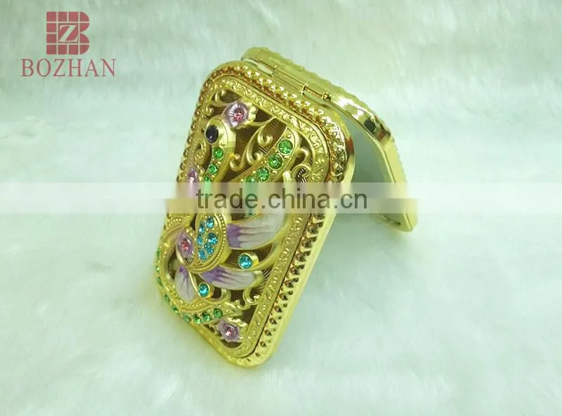 Metal souvenir gold swan rhinestone mirror/antique gold swan makeup mirror/promotional gift gold swan compact mirror