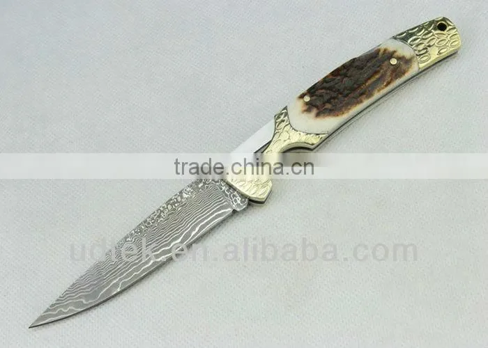 Antler + Brass Handle OEM Damascus Steel Folding Knife Collection Knife Hand Tool UDTEK01304
