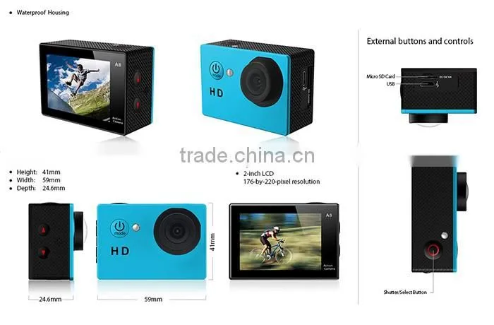 Best price full hd 1080p sports camera action A8 30M waterproof camera
