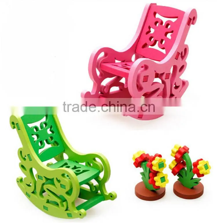 2016 new design colorful chair happy wooden 3d puzzle for kids