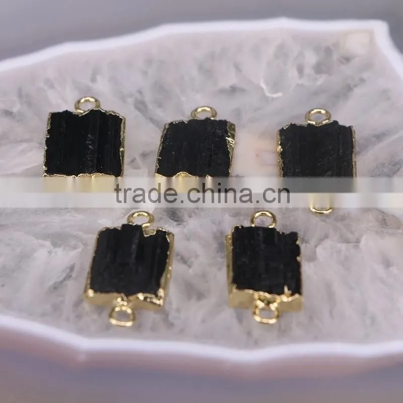 Gold Plated Natural black Tourmaline Druzy Stone Connector Beads For Jewelry Making