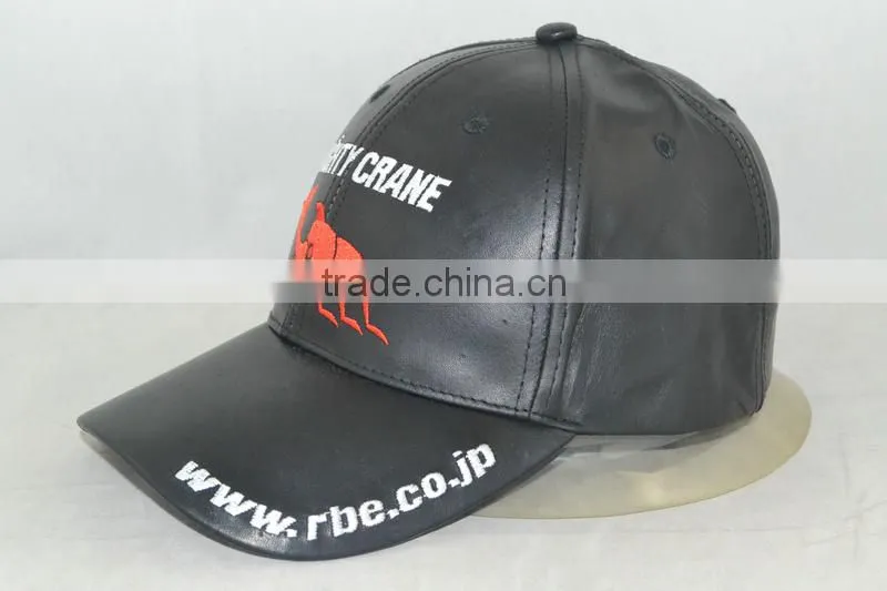 Professional custom 6 panel /embroidered logo/leather/black baseball cap
