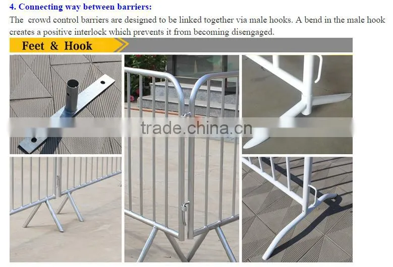 road barricade or pedestrian barrier/metal crowd control barrier at riot/event for crowd control