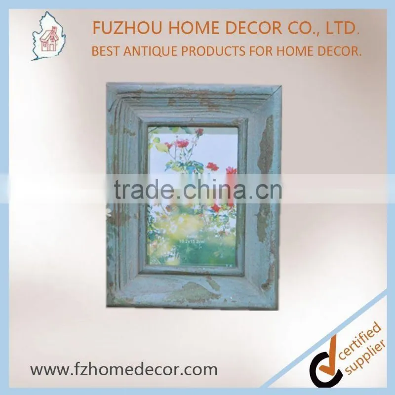 Promotional shabby chic wood printing photo frame with blue colour for home decoration