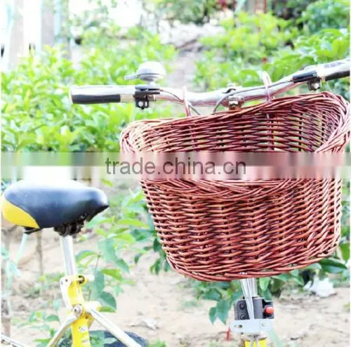 brown colored wicker bicycle bike basket in front bike