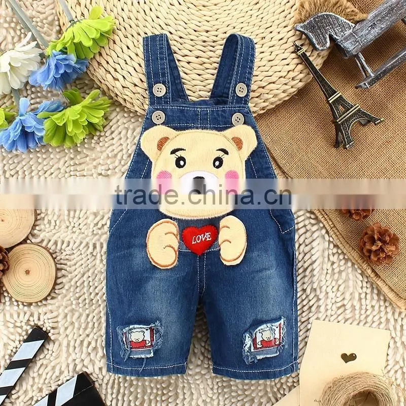 Hot Sale Baby Denim Short Pants Carton Bear with Love Heart Kids Strap Jeans Pants