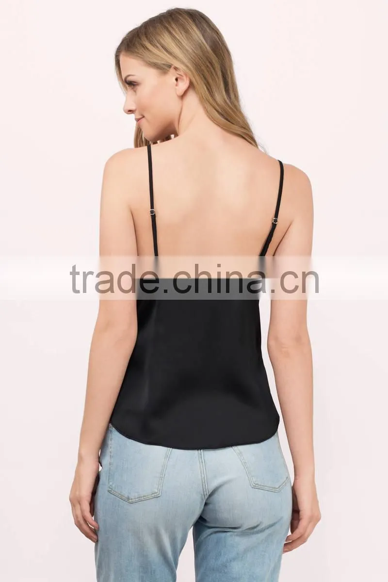 2017 latest fashion design wholesale black sexy tank top satin blouse